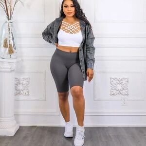 3-Piece Gray Biker Shorts Set With Shacket